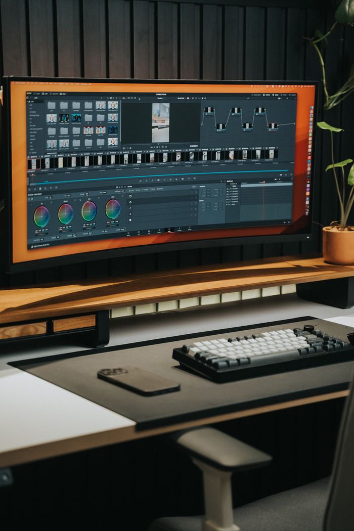 about-07 Sleek home office desk with ultrawide monitor for video editing, keyboard, and smartphone.